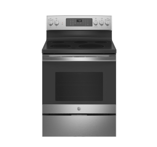 Picture of GE® 30" Free-Standing Electric Convection Range with No Preheat Air Fry - Stainless Steel on Gray 